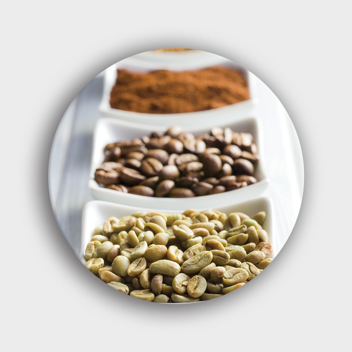 Muurcirkel "Verschillende koffiebonen in kleine potjes" | Wandcirkel