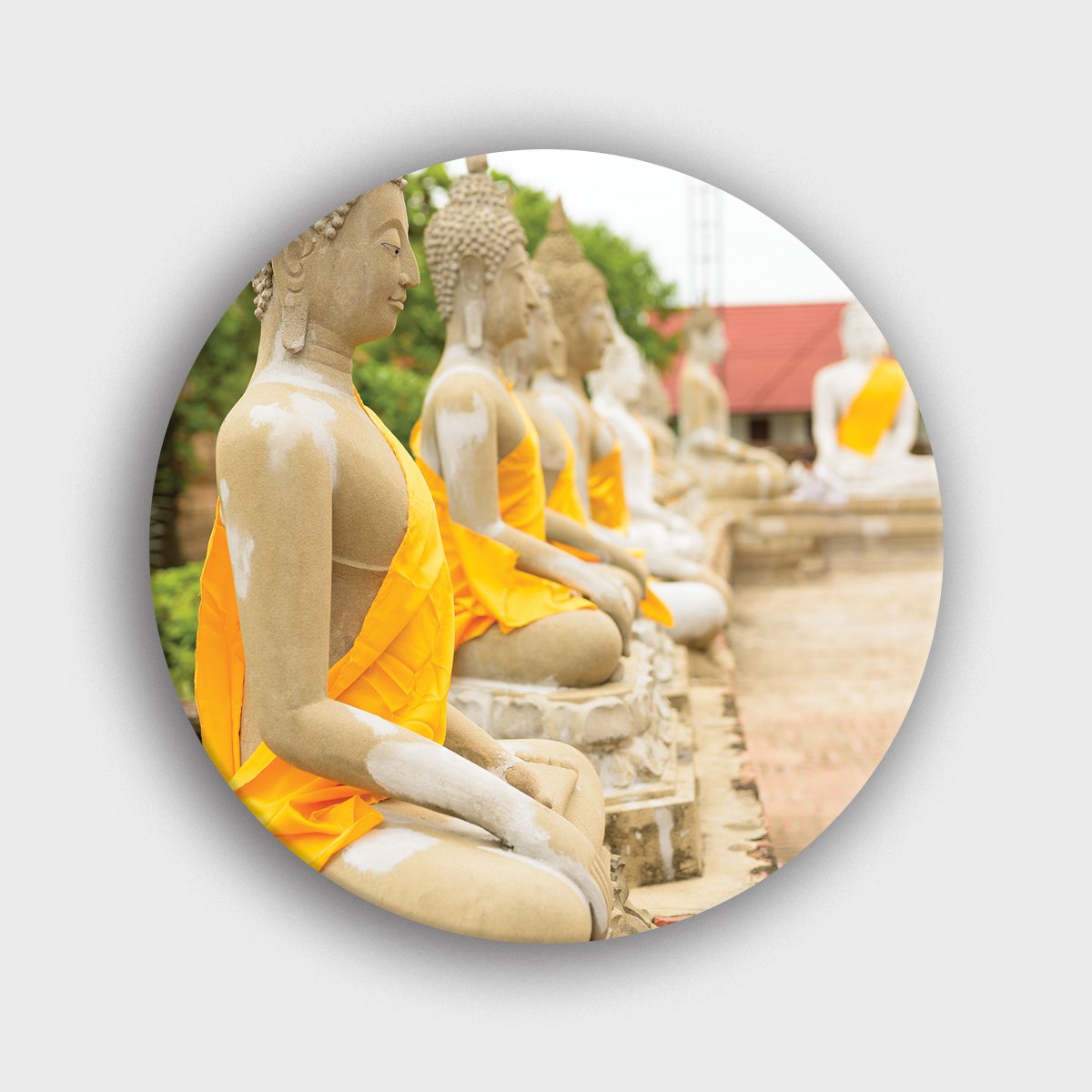 Muurcirkel "boeddha beelden op een rij voor een tempel" | Wandcirkel