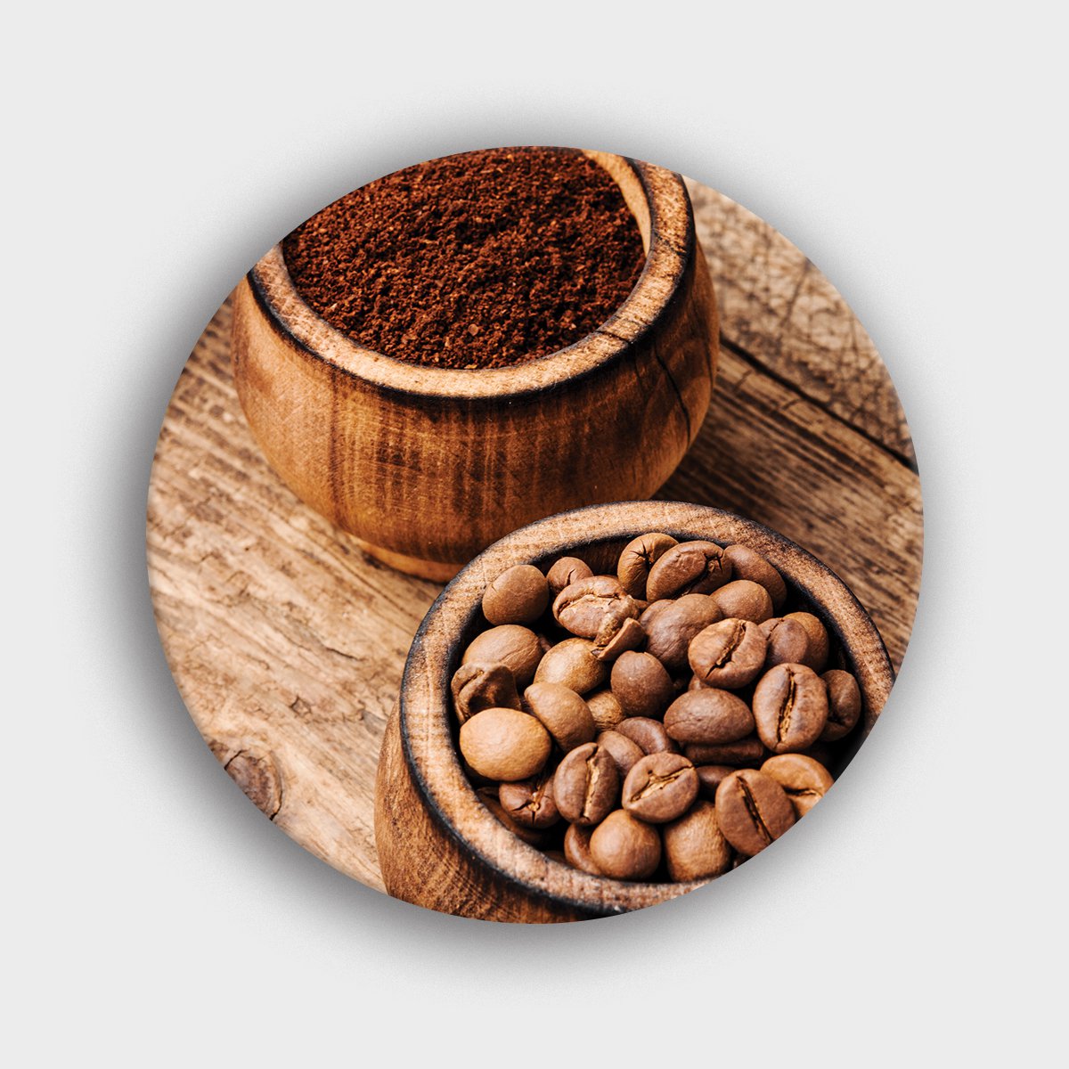 Muurcirkel "Koffiebonen in houten kommetjes" | Wandcirkel