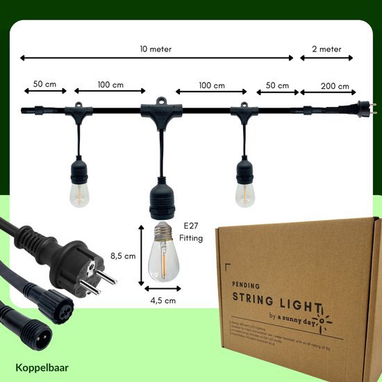 10 meter lichtsnoer met 10 peervormige LED lampen + 2 meter aansluitsnoer